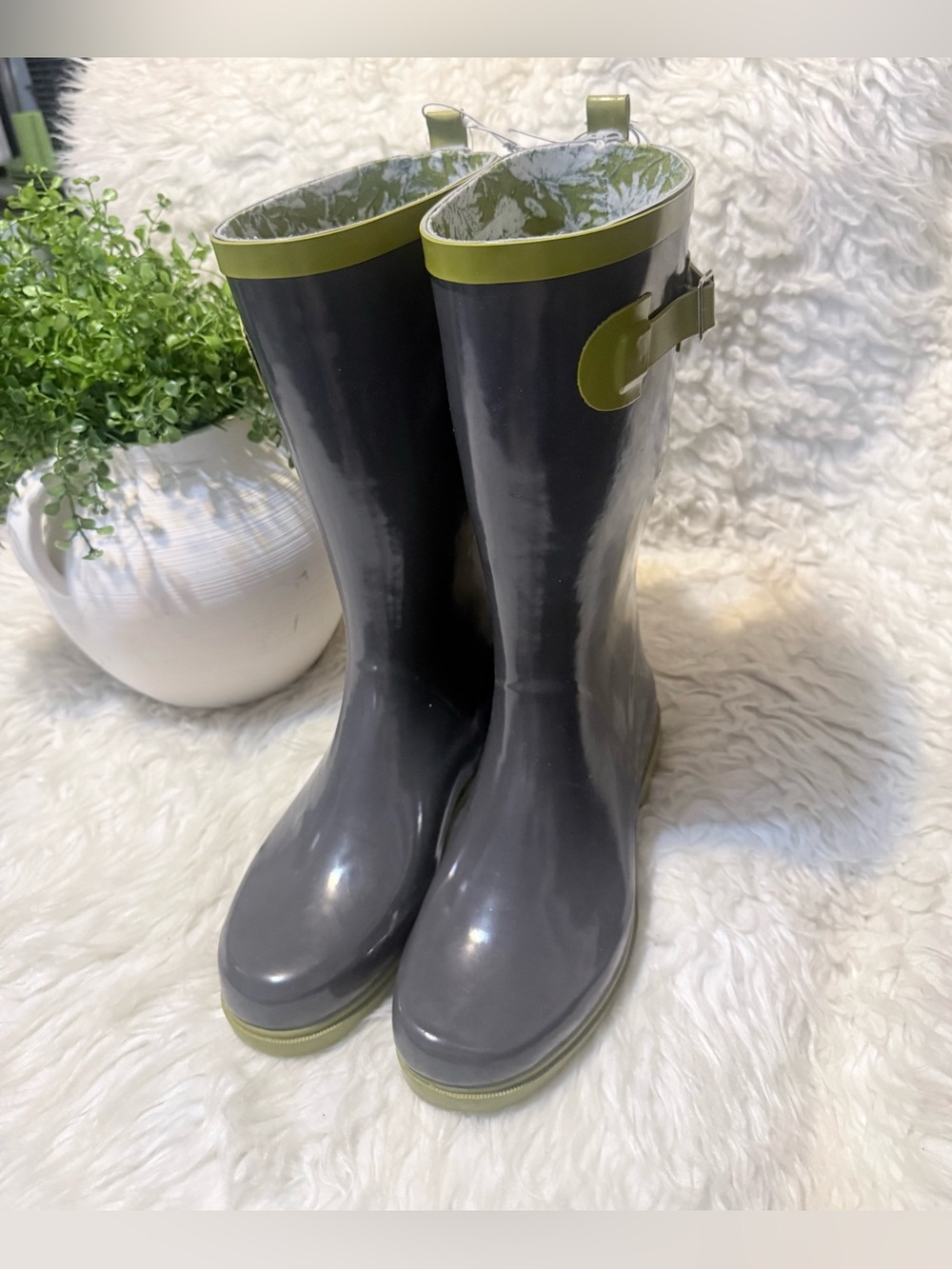 Threshold Gray Rain Boots with Olive Trim and Side Buckle